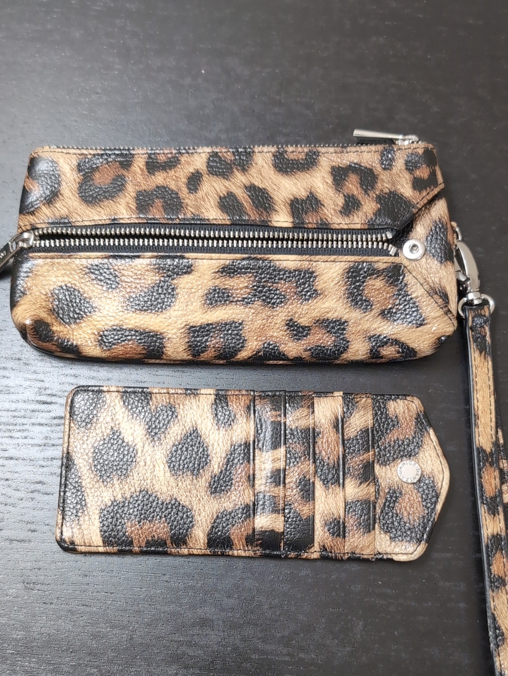 Danier Genuine Leather Leopard Print Zipper Pouch Wallet & Card Holder Set